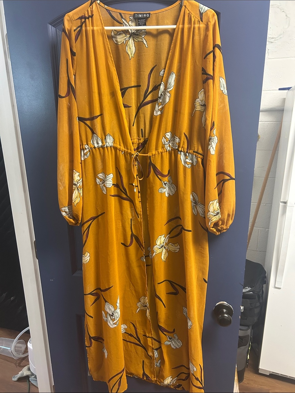 Timing Mustard Floral V‑Neck Maxi Dress with Tie Waist